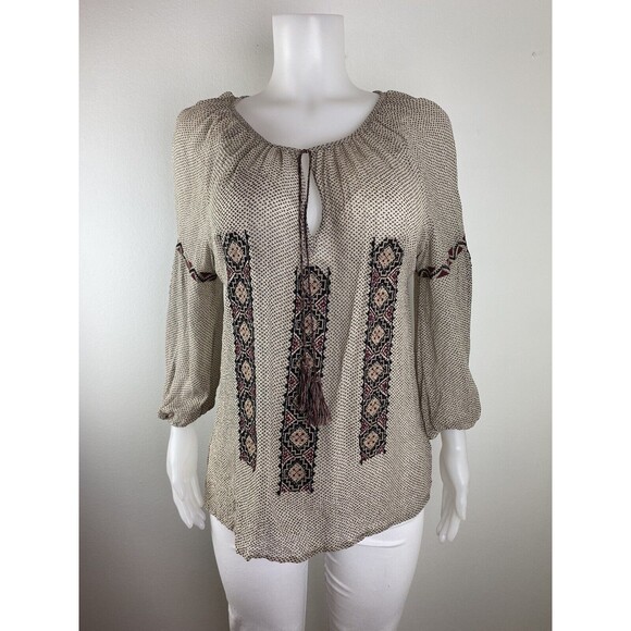 F. Joie Silk Blouse Size L Multicolor 3/4 Sleeve Round Neck - Picture 5 of 9